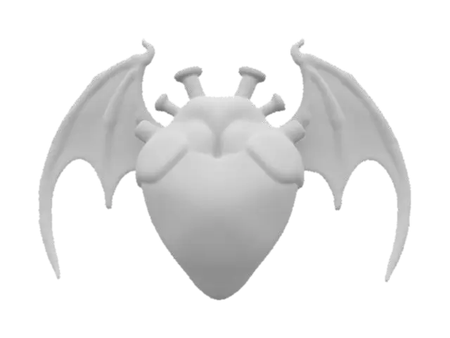 3D model for a surreal Valentine's Day sculpture of a bat winged heart that incorporates love motifs using black latex material and brass circuitry. The sculpture should have a dark goth cyberpunk aesthetic with a highly surreal and intricate design #valentine#