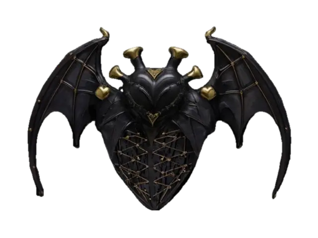 3D model for a surreal Valentine's Day sculpture of a bat winged heart that incorporates love motifs using black latex material and brass circuitry. The sculpture should have a dark goth cyberpunk aesthetic with a highly surreal and intricate design #valentine#
