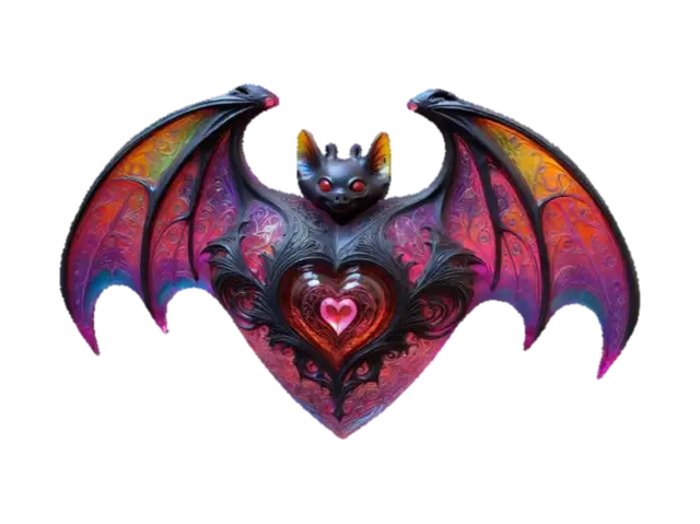 3D model for A carved crystal Heart with bat wings  with beautiful resplendent internal glowing colors, swirling psychedelic patterns dark goth cyberpunk aesthetic surreal Valentine's Day sculpture of a bat winged heart that incorporates love motifs  with a highly surreal and intricate design #valentine#