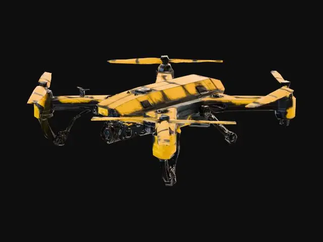 3D model for futuristic, worn out, stained, yellow and black colored defense drone