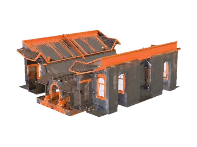 Segment of rusty mine cart railway tracks on wooden sleepers , derelict industrial… 3D model, vytvořený pomocí AI