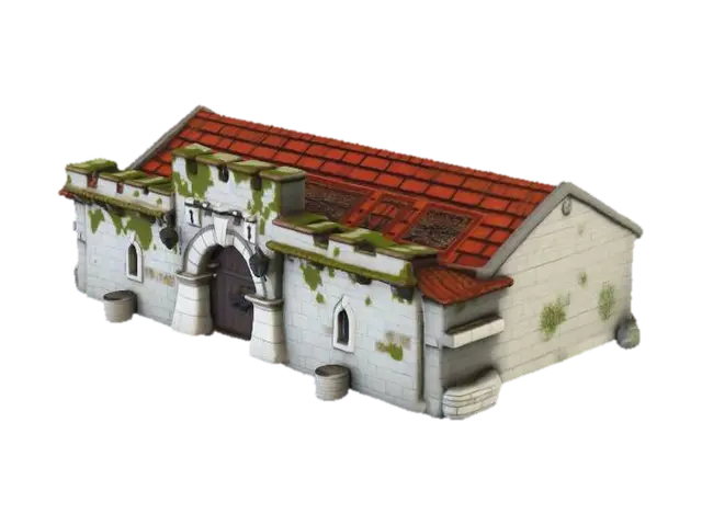 Fortified stone gatehouse with iron portcullis, historic stone architecture, mossy… - 3dasset 3D model, vytvořený pomocí AI