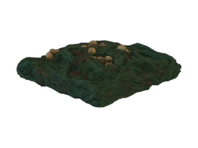 A dense, tangled pile of wet, dark green and brown fishing nets, as seen on the wooden…-3D-modell, genererad av AI