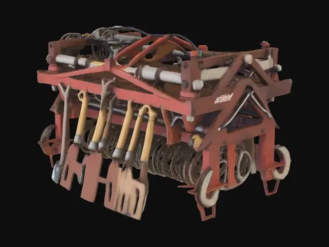 3D model for Heavy duty agricultural cultivator rig, rustic rural farm setup, weathered red barn wood, agricultural tools, muddy fields, peaceful but abandoned vibe, realistic game asset, 4k pbr textures