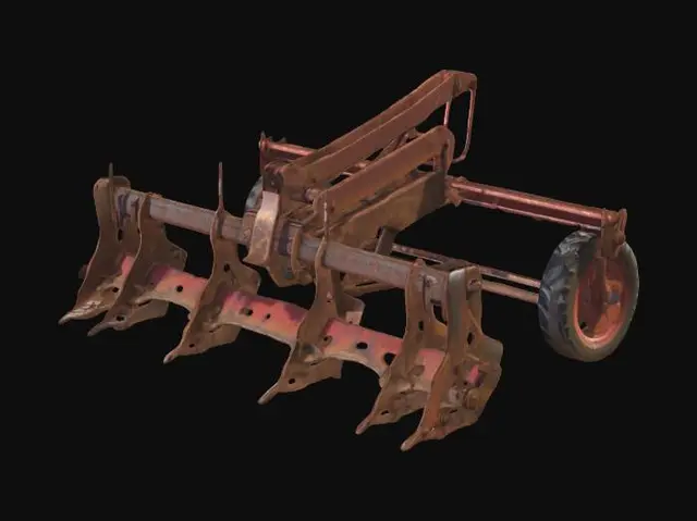 3D model for Rusty metal plow attachment for a tractor, rustic rural farm setup, weathered red barn wood, agricultural tools, realistic game asset, 4k pbr