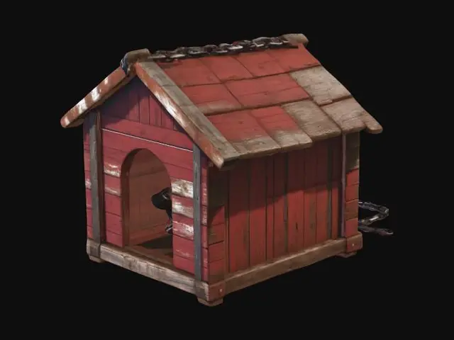 3D model for Farm doghouse made of scrap wood, with a rusty chain attached, rustic rural farm setup, weathered red barn wood, agricultural tools, realistic game asset, 4k pbr