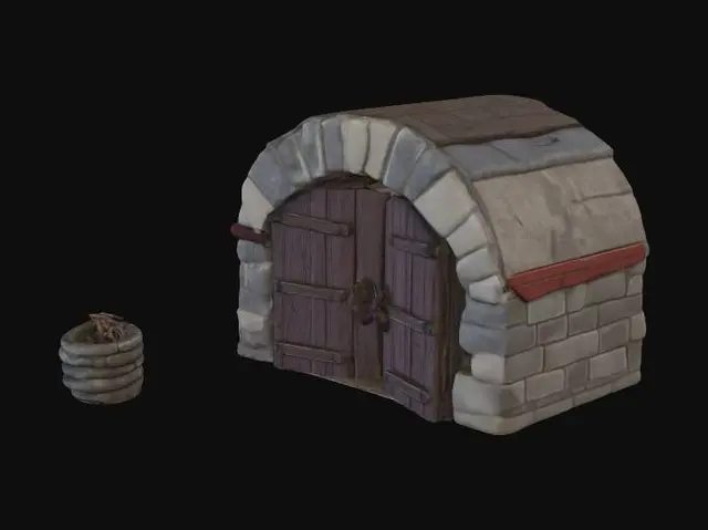 3D model for Stone cellar doors leading underground, built into a grassy hill, rustic rural farm setup, weathered red barn wood, agricultural tools, realistic game asset, 4k pbr