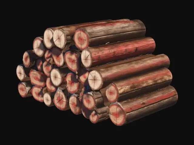 3D model for Pile of cut wooden logs ready for the fireplace, rustic rural farm setup, weathered red barn wood, agricultural tools, realistic game asset, 4k pbr