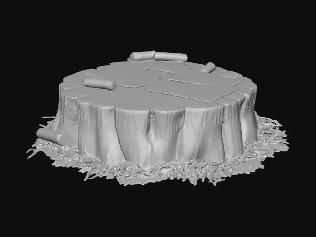 3D model for Scattered deck of playing cards on a flat stump, surrounded by cigar stubs, dense forest camp style, camouflaged tarps, muddy terrain covered in pine needles, realistic game asset, 4k pbr