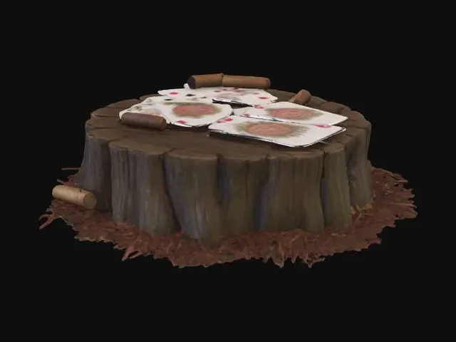 3D model for Scattered deck of playing cards on a flat stump, surrounded by cigar stubs, dense forest camp style, camouflaged tarps, muddy terrain covered in pine needles, realistic game asset, 4k pbr