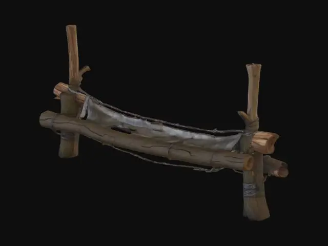 3D model for Overgrown dirt road barrier made of a felled tree and barbed wire, dense forest camp style, camouflaged tarps, muddy terrain covered in pine needles, realistic game asset, 4k pbr