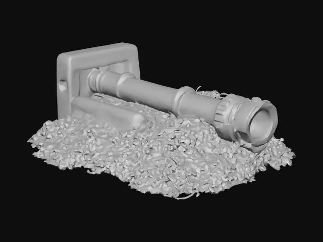 3D model for Muzzle brake of a destroyed tank barrel sticking out of the mud, abandoned military bunker style, mossy thick concrete, rusted iron rebar, realistic game asset, 4k pbr