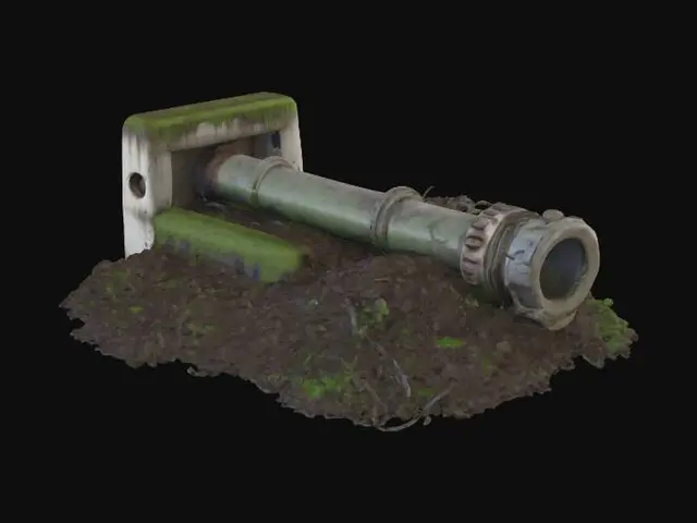 3D model for Muzzle brake of a destroyed tank barrel sticking out of the mud, abandoned military bunker style, mossy thick concrete, rusted iron rebar, realistic game asset, 4k pbr