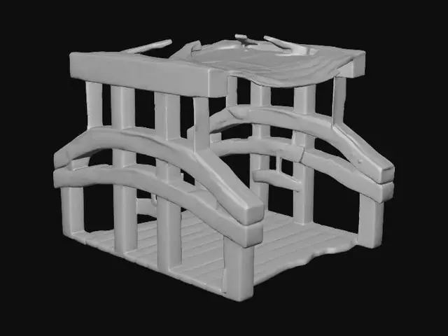 3D model for Small wooden bridge crossing an irrigation ditch, rustic rural farm setup, weathered red barn wood, agricultural tools, realistic game asset, 4k pbr
