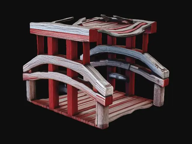 3D model for Small wooden bridge crossing an irrigation ditch, rustic rural farm setup, weathered red barn wood, agricultural tools, realistic game asset, 4k pbr