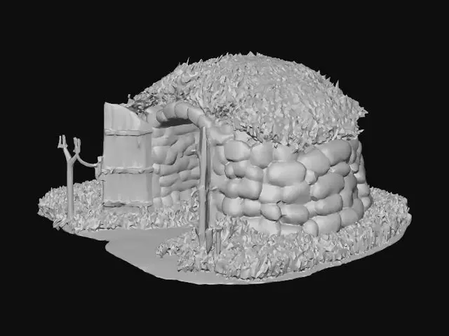 3D model for Stone cellar doors leading underground, built into a grassy hill, rustic rural farm setup, weathered red barn wood, agricultural tools, realistic game asset, 4k pbr