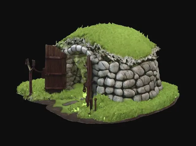 3D model for Stone cellar doors leading underground, built into a grassy hill, rustic rural farm setup, weathered red barn wood, agricultural tools, realistic game asset, 4k pbr