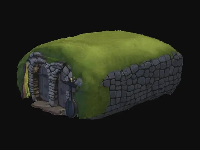 3D model for Stone cellar doors leading underground, built into a grassy hill, rustic rural farm setup, weathered red barn wood, agricultural tools, realistic game asset, 4k pbr