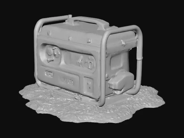 3D model for Portable gas generator sitting in the mud, with cables running into a tent, dense forest camp style, camouflaged tarps, muddy terrain covered in pine needles, realistic game asset, 4k pbr