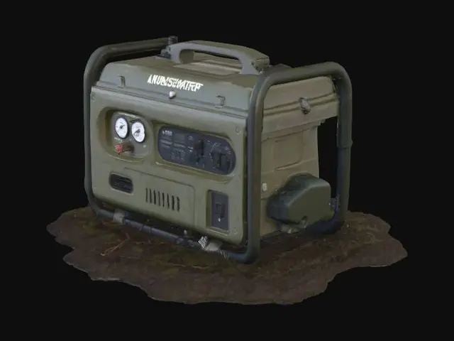 3D model for Portable gas generator sitting in the mud, with cables running into a tent, dense forest camp style, camouflaged tarps, muddy terrain covered in pine needles, realistic game asset, 4k pbr