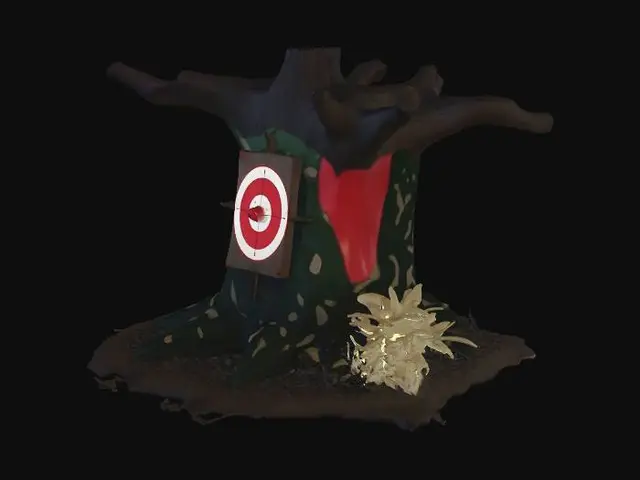 3D model for Makeshift shooting range target nailed to a dead tree, covered in bullet holes, dense forest camp style, camouflaged tarps, muddy terrain covered in pine needles, realistic game asset, 4k pbr
