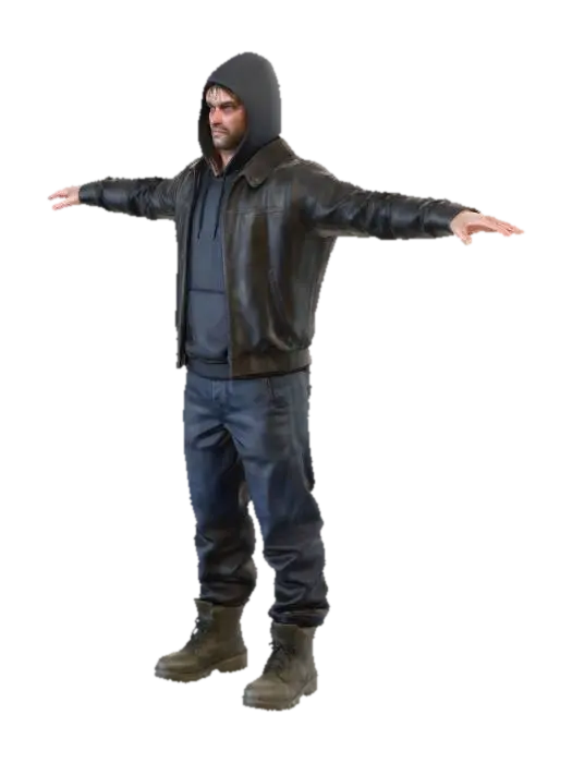 A full-body, ultra-detailed, realistic gangster character, intimidating and creepy… 3D model, vytvořený pomocí AI