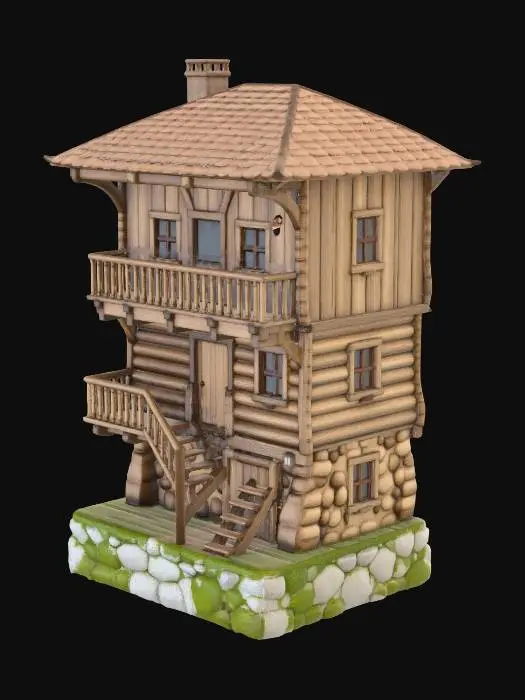 3D model for Two-story wooden house, balcony on the second floor, stone base, wooden stairs outside
, rustic wooden village style, weathered timber texture, medieval rural architecture, mossy stone foundation, realistic game asset, 4k pbr texture, neutral lighting