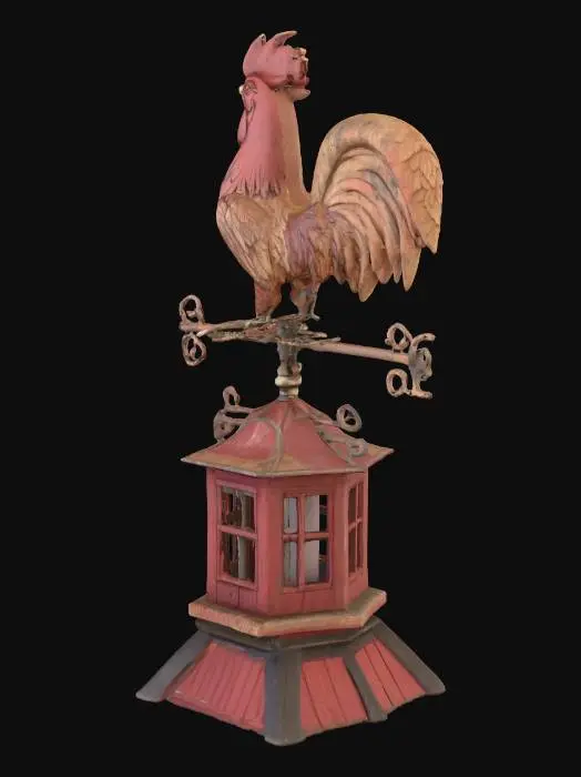 3D model for Weather vane shaped like a rooster on top of a cupola, rustic rural farm setup, weathered red barn wood, agricultural tools, realistic game asset, 4k pbr
