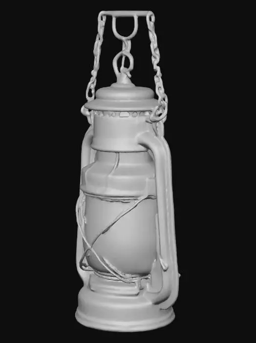 3D model for Hanging metal oil lantern, rustic rural farm setup, weathered red barn wood, agricultural tools, realistic game asset, 4k pbr
