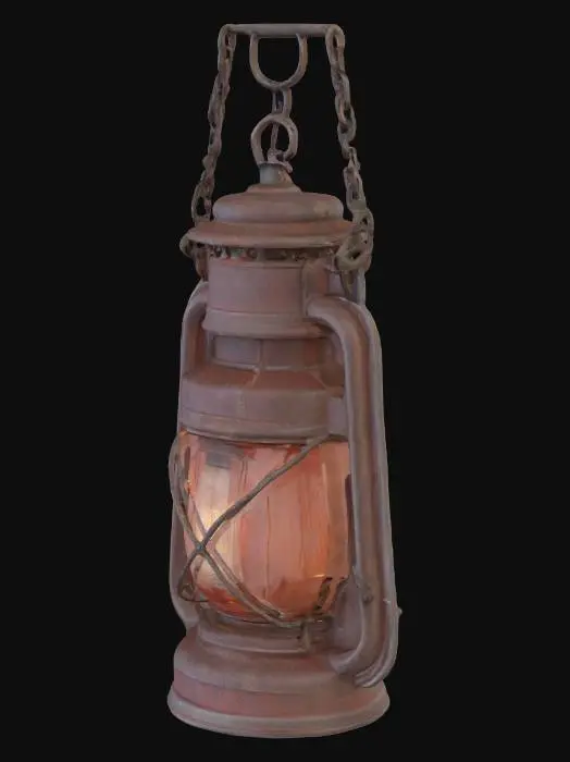 3D model for Hanging metal oil lantern, rustic rural farm setup, weathered red barn wood, agricultural tools, realistic game asset, 4k pbr