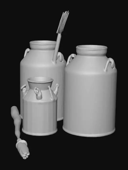 3D model for Large steel milk cans, dented and empty, rustic rural farm setup, weathered red barn wood, agricultural tools, realistic game asset, 4k pbr