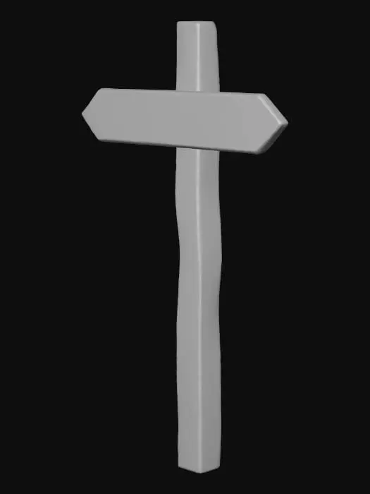3D model for Wooden signpost with crude directions painted in red, pointing into the woods, dense forest camp style, camouflaged tarps, muddy terrain covered in pine needles, realistic game asset, 4k pbr