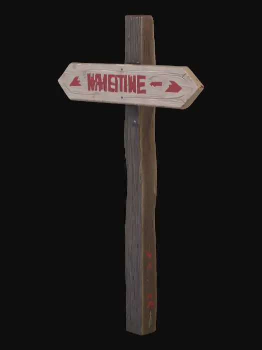 3D model for Wooden signpost with crude directions painted in red, pointing into the woods, dense forest camp style, camouflaged tarps, muddy terrain covered in pine needles, realistic game asset, 4k pbr