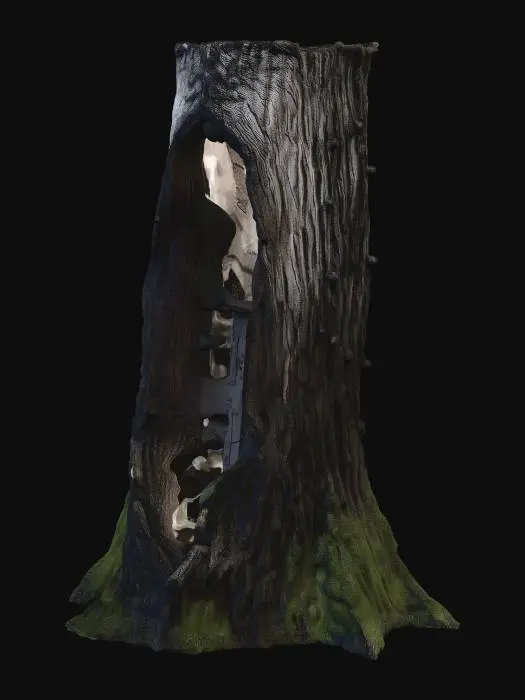 3D model for Hollowed-out tree trunk used as a secret hiding spot for weapons, dense forest camp style, camouflaged tarps, muddy terrain covered in pine needles, realistic game asset, 4k pbr