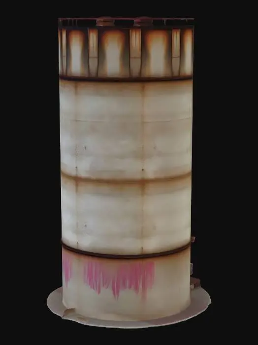 3D model for Giant concrete grain silo tower, rustic rural farm setup, weathered red barn wood, agricultural tools, muddy fields, peaceful but abandoned vibe, realistic game asset, 4k pbr textures