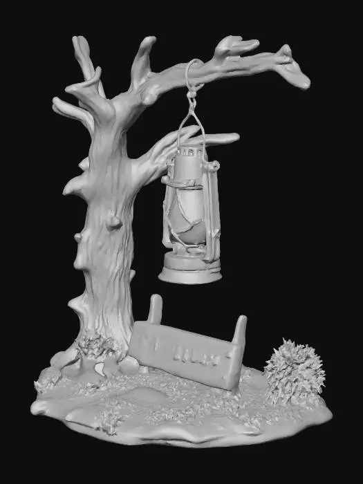 3D model for Hanging lantern tied to a branch, illuminating a makeshift sign, dense forest camp style, camouflaged tarps, muddy terrain covered in pine needles, realistic game asset, 4k pbr