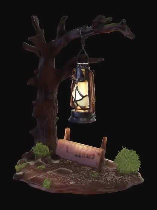 3D model for Hanging lantern tied to a branch, illuminating a makeshift sign, dense forest camp style, camouflaged tarps, muddy terrain covered in pine needles, realistic game asset, 4k pbr