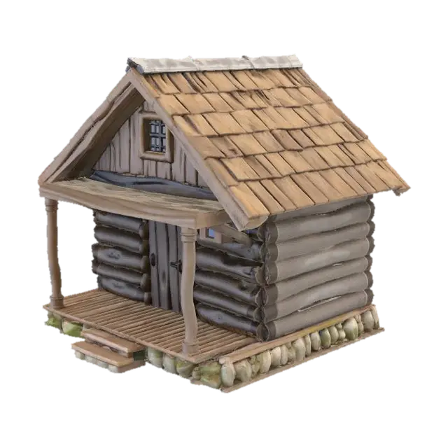 Small wooden fisherman hut with a slanted thatched roof, wooden porch, single door ,… 3D model, vytvořený pomocí AI
