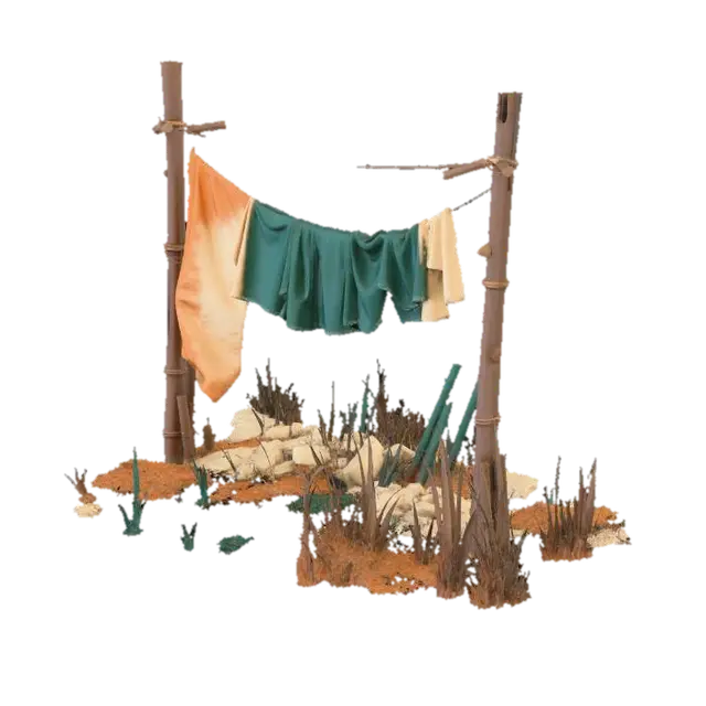 Clothesline with ragged clothes hanging between two poles , shanty town style,… - Hanger 3D model, vytvořený pomocí AI