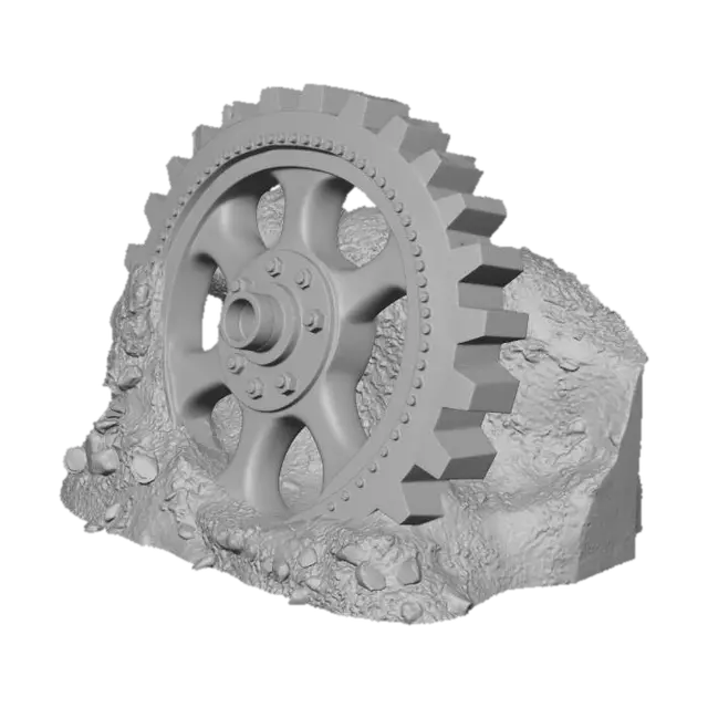 3D model for Massive rusty cogwheel half-buried in oily dirt, derelict industrial style, red brick walls, heavily rusted metal, broken glass, post-apocalyptic vibe, 4k pbr