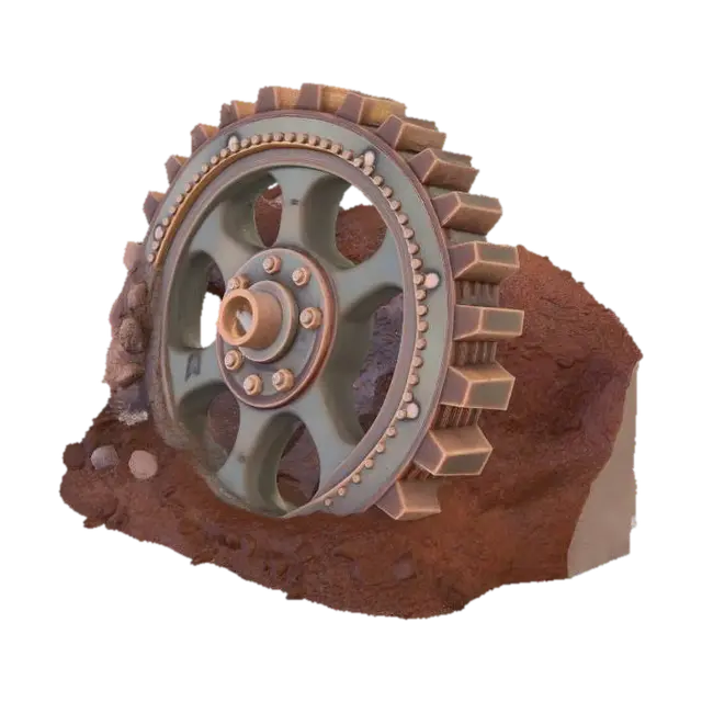 3D model for Massive rusty cogwheel half-buried in oily dirt, derelict industrial style, red brick walls, heavily rusted metal, broken glass, post-apocalyptic vibe, 4k pbr