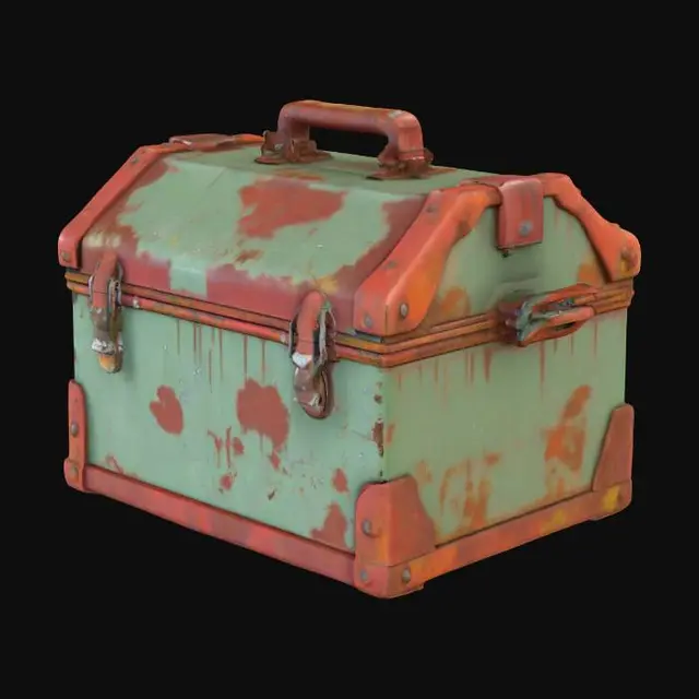 3D model for Abandoned worker's lunchbox and rusted thermos on a beam, derelict industrial style, red brick walls, heavily rusted metal, broken glass, post-apocalyptic vibe, 4k pbr