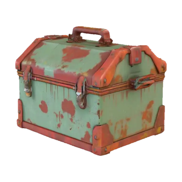 3D model for Abandoned worker's lunchbox and rusted thermos on a beam, derelict industrial style, red brick walls, heavily rusted metal, broken glass, post-apocalyptic vibe, 4k pbr