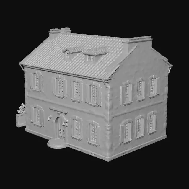 3D model for Classic two-story stone house, shuttered windows, chimney, a small dormer window on the roof

, historic stone architecture, mossy ancient stone walls, terracotta tiled roofs, cobblestone textures, medieval European town vibe, ironwork details, realistic game asset, 4k pbr textures