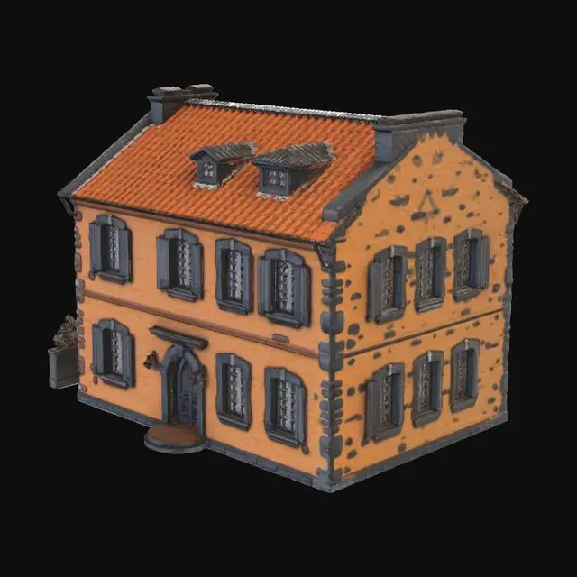 3D model for Classic two-story stone house, shuttered windows, chimney, a small dormer window on the roof

, historic stone architecture, mossy ancient stone walls, terracotta tiled roofs, cobblestone textures, medieval European town vibe, ironwork details, realistic game asset, 4k pbr textures