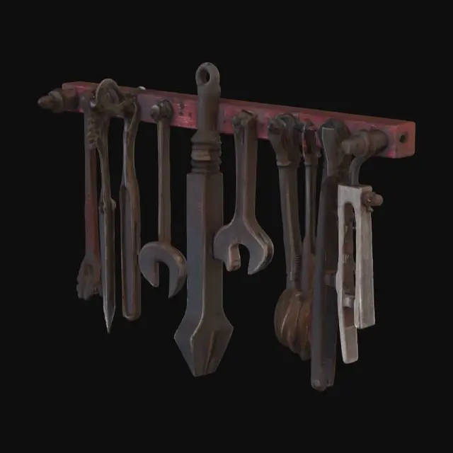 3D model for Iron branding tools hanging on a wooden wall, rustic rural farm setup, weathered red barn wood, agricultural tools, realistic game asset, 4k pbr