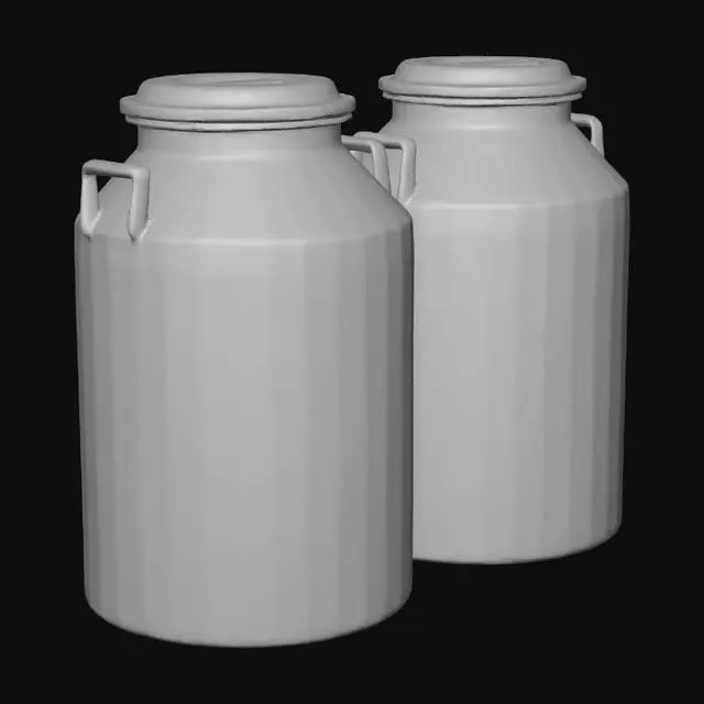 3D model for Large steel milk cans, dented and empty, rustic rural farm setup, weathered red barn wood, agricultural tools, realistic game asset, 4k pbr