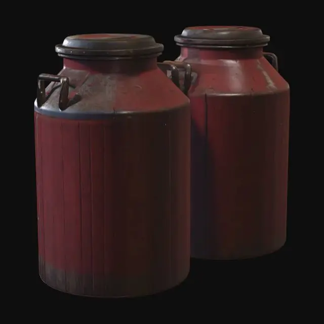 3D model for Large steel milk cans, dented and empty, rustic rural farm setup, weathered red barn wood, agricultural tools, realistic game asset, 4k pbr