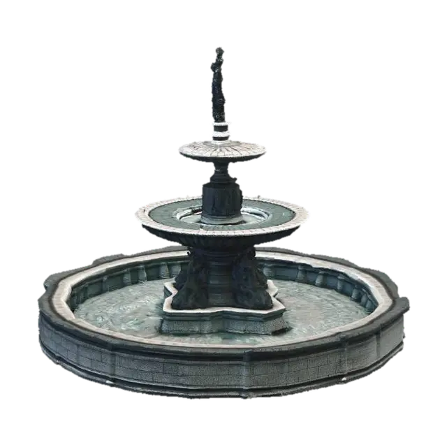 Massive central plaza stone fountain, historic stone architecture, mossy ancient… 3D model, vytvořený pomocí AI