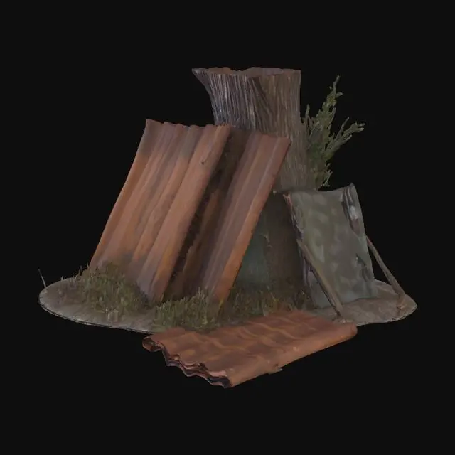 3D model for Pile of rusty corrugated iron sheets resting against a tree trunk, dense forest camp style, camouflaged tarps, muddy terrain covered in pine needles, realistic game asset, 4k pbr